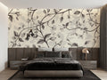 Black and white floral wallpaper creating an elegant backdrop in a modern living room setting