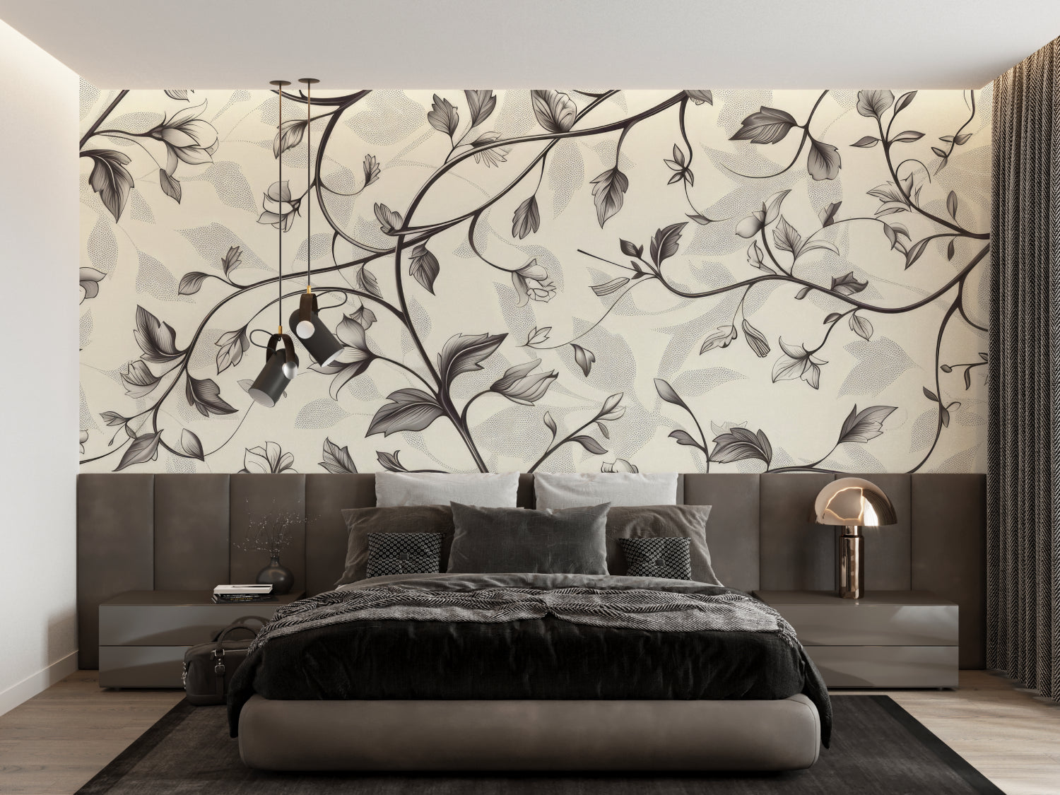 Black and white floral wallpaper creating an elegant backdrop in a modern living room setting