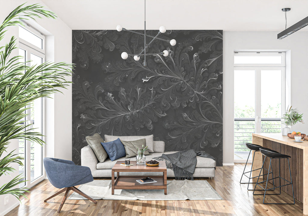 Dramatic black floral damask wallpaper creating luxury feel in master bedroom