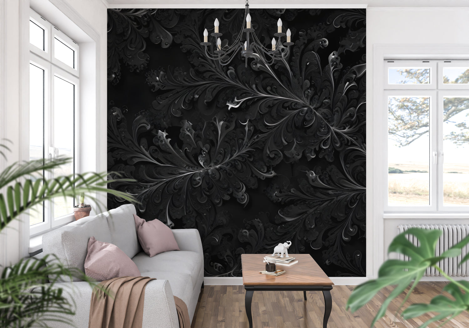 Elegant damask pattern wallpaper showcased in dining room with crystal chandelier
