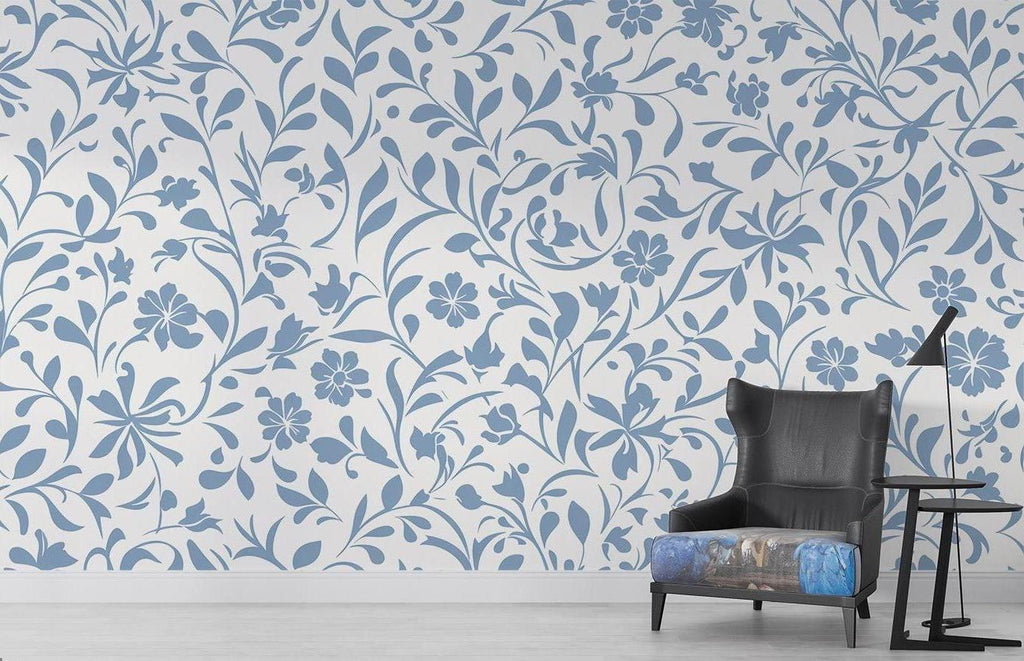 Elegant blue floral wallpaper pattern showcased in a cozy master bedroom interior