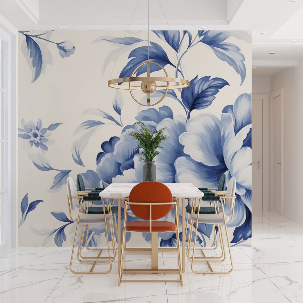 Blue floral wall mural in dining room with natural lighting