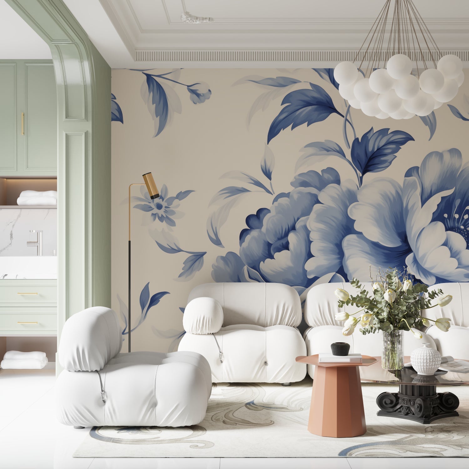 Blue botanical wallpaper featured in entrance hallway