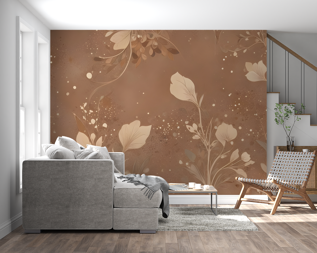 Brown botanical wallpaper mural in modern living room, creating an elegant natural atmosphere