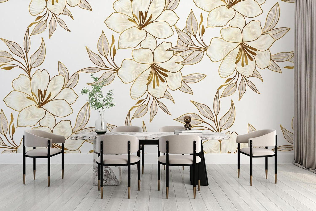 Elegant Floral Wallpaper featuring golden lilies in master bedroom setting