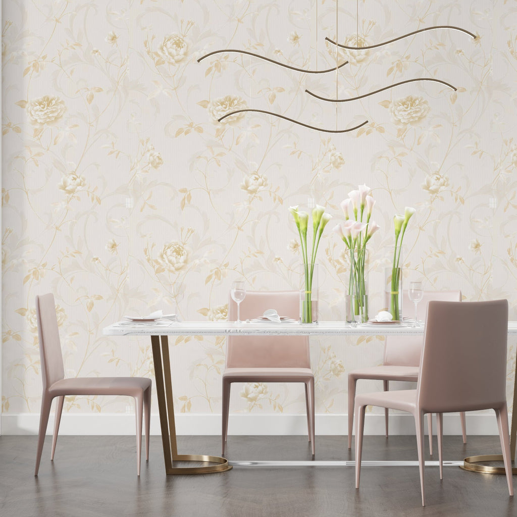 Elegant Gold Rose Wallpaper in a master bedroom setting with soft lighting