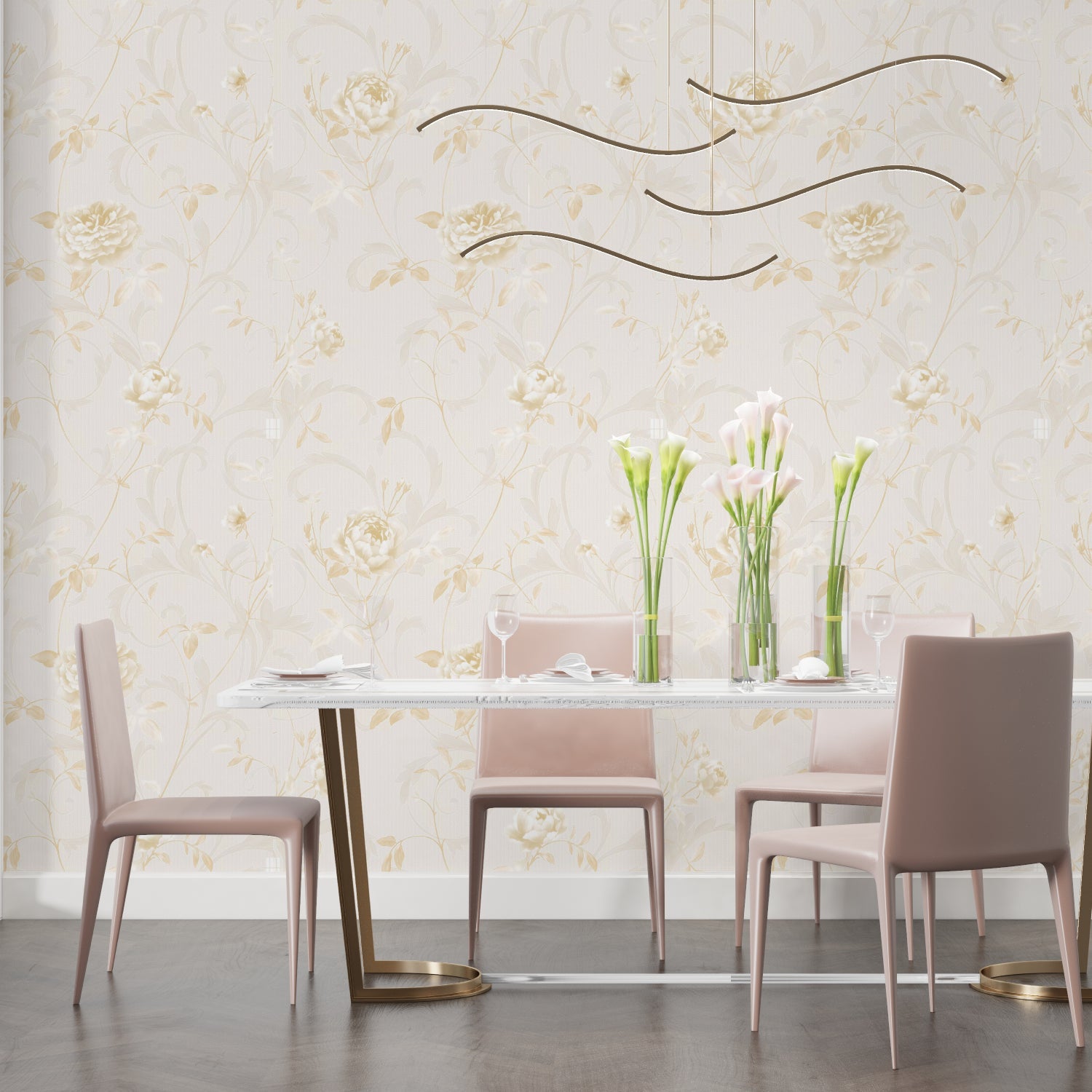 Elegant Gold Rose Wallpaper in a master bedroom setting with soft lighting