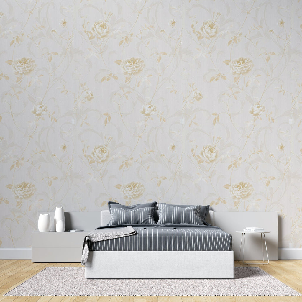Floral Gold Mural displayed in a dining room with evening ambiance