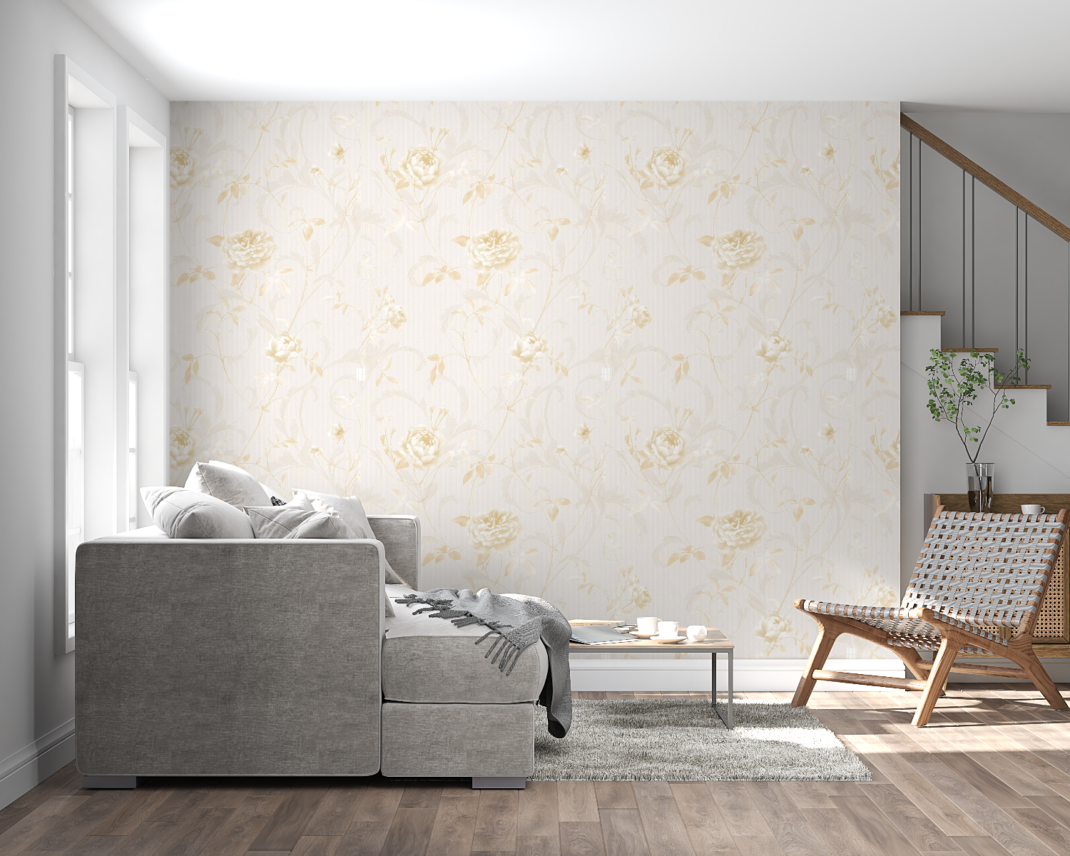 Gold Rose Pattern Wallpaper enhancing a home office with warm golden tones