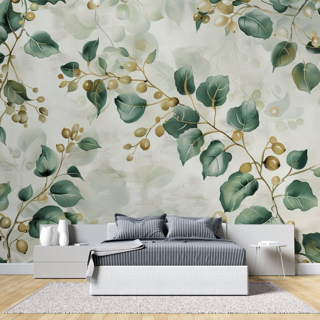 Botanical wallpaper with green leaves and gold berries in a bright modern living room