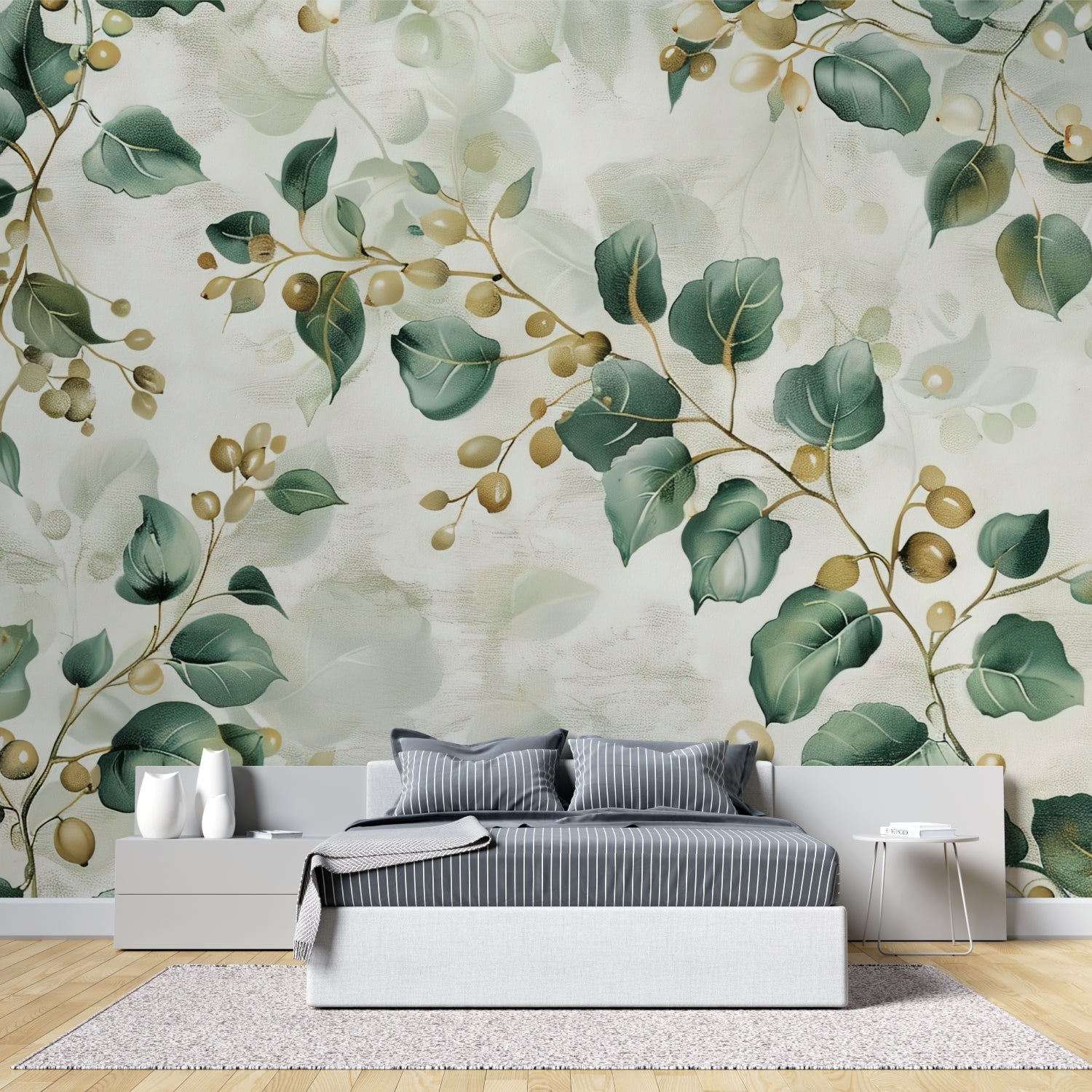 Botanical wallpaper with green leaves and gold berries in a bright modern living room