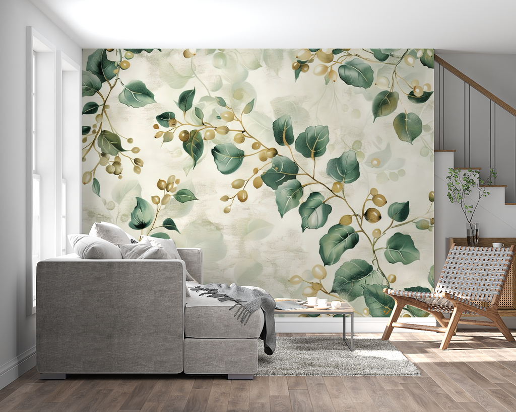 Green leaf wallpaper with golden accents in an entrance hallway