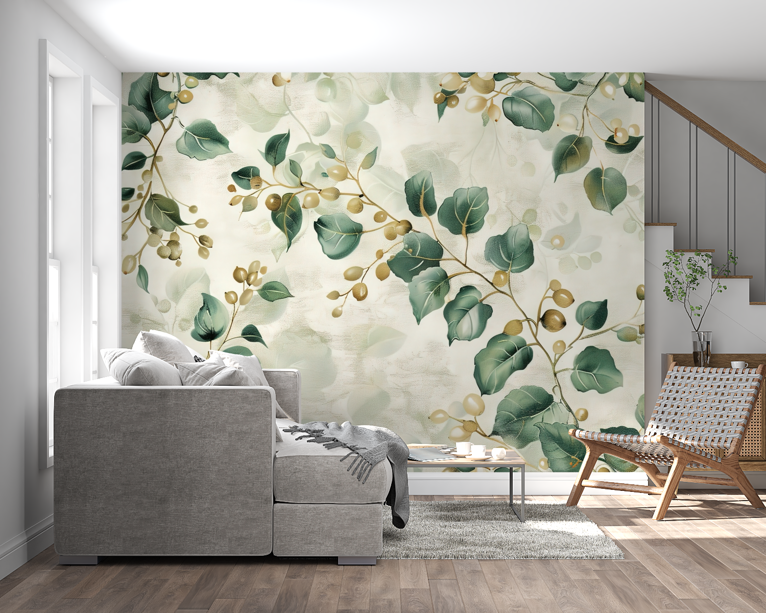 Green leaf wallpaper with golden accents in an entrance hallway