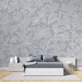Grey floral line art wallpaper in modern living room, creating an elegant and airy atmosphere