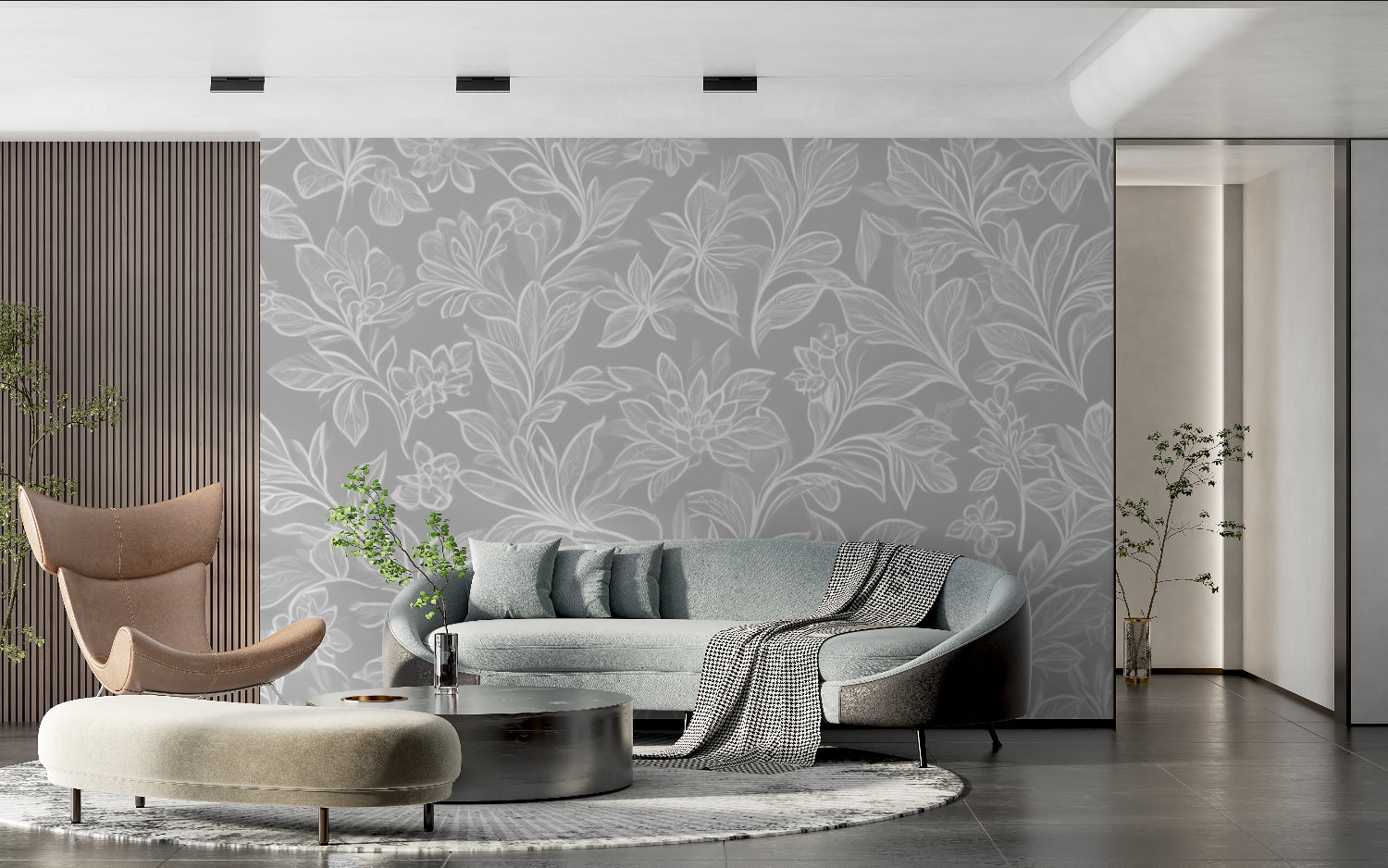 Grey floral wallpaper adding sophistication to dining room walls