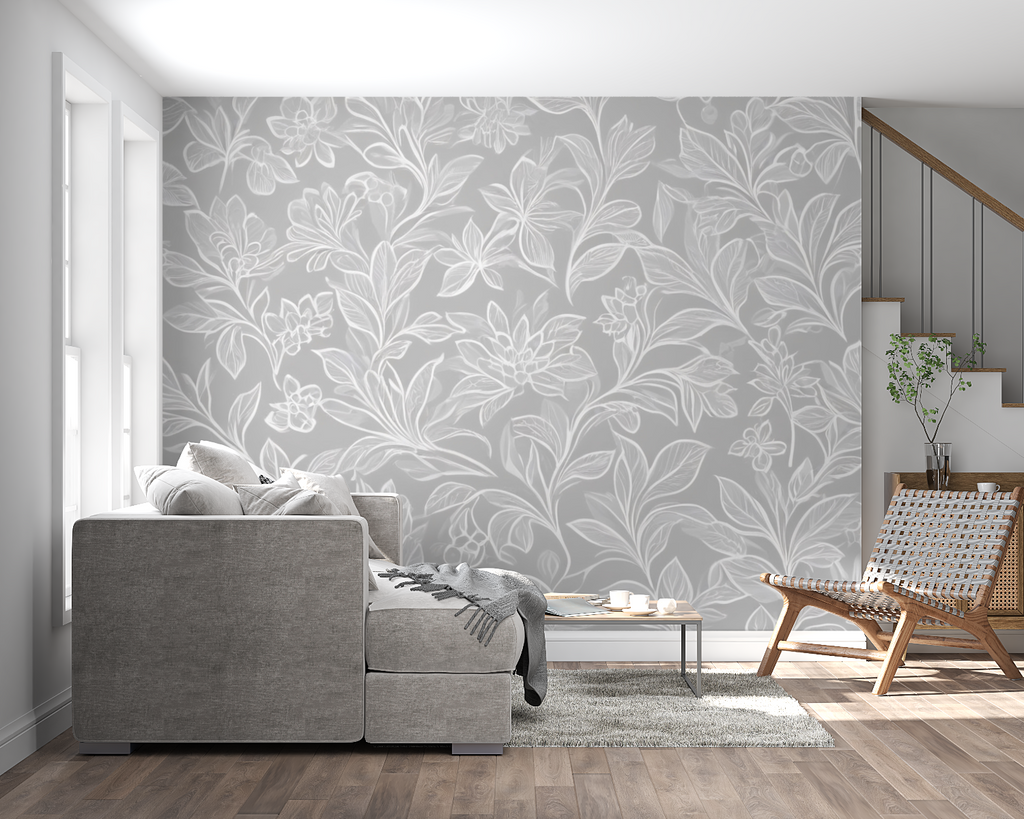 Grey line art wallpaper creating calm atmosphere in reading nook