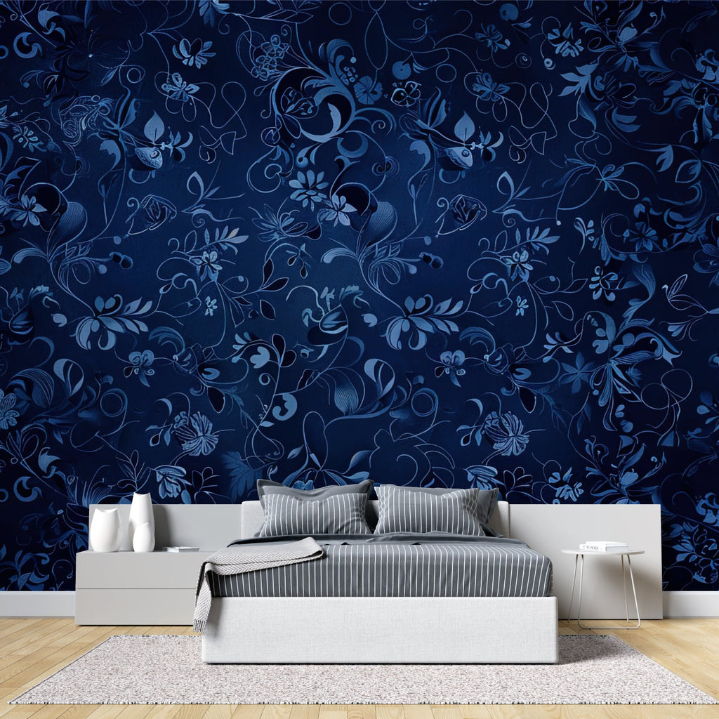 Navy blue floral wallpaper creating an elegant atmosphere in a modern living room