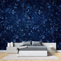 Navy blue floral wallpaper creating an elegant atmosphere in a modern living room