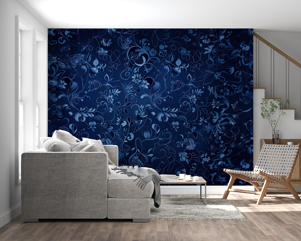 Navy floral pattern wallpaper making a statement in a dining room