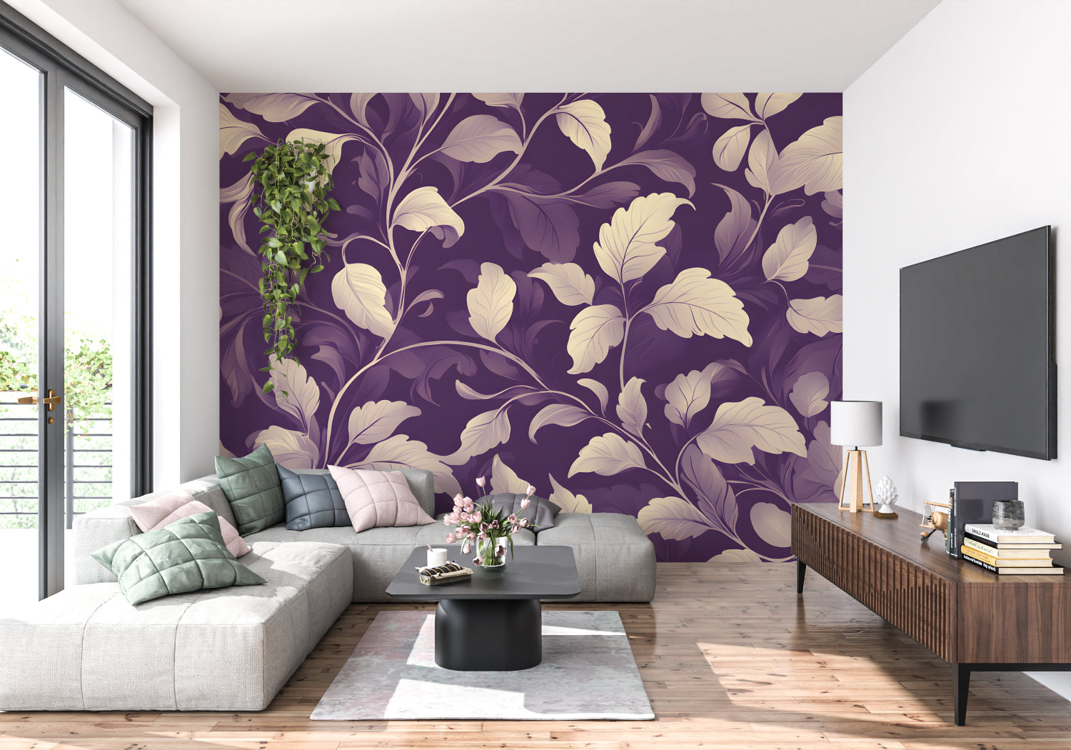 Botanical wall mural detail in entryway highlighting cream leaves