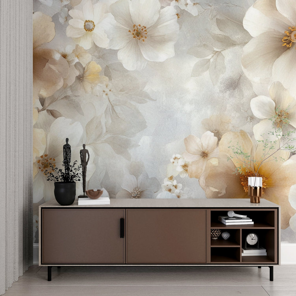 Watercolor floral wallpaper in a bright master bedroom, creating a peaceful sanctuary with soft beige blooms