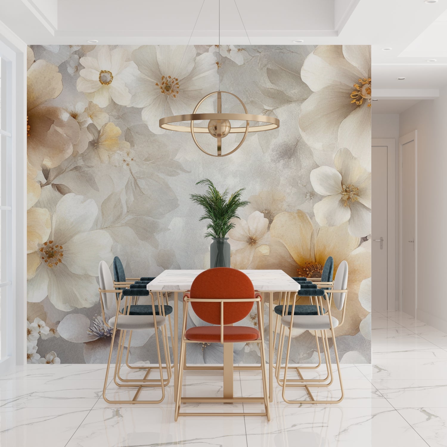 Neutral floral wallpaper bringing gentle movement to an elegant entrance hall