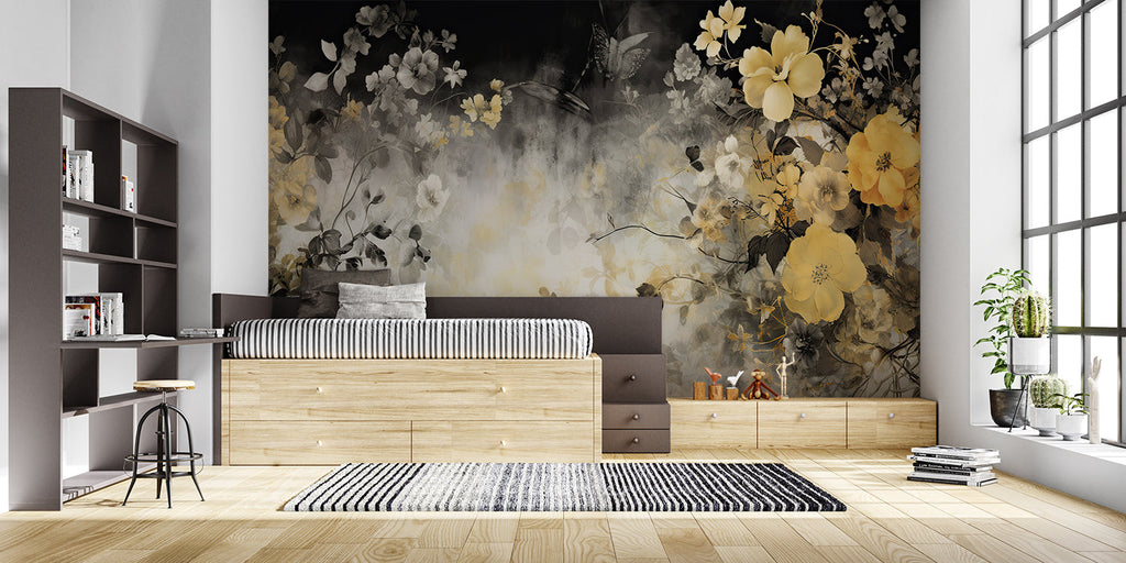 Japanese inspired wallpaper creating zen atmosphere in a meditation room