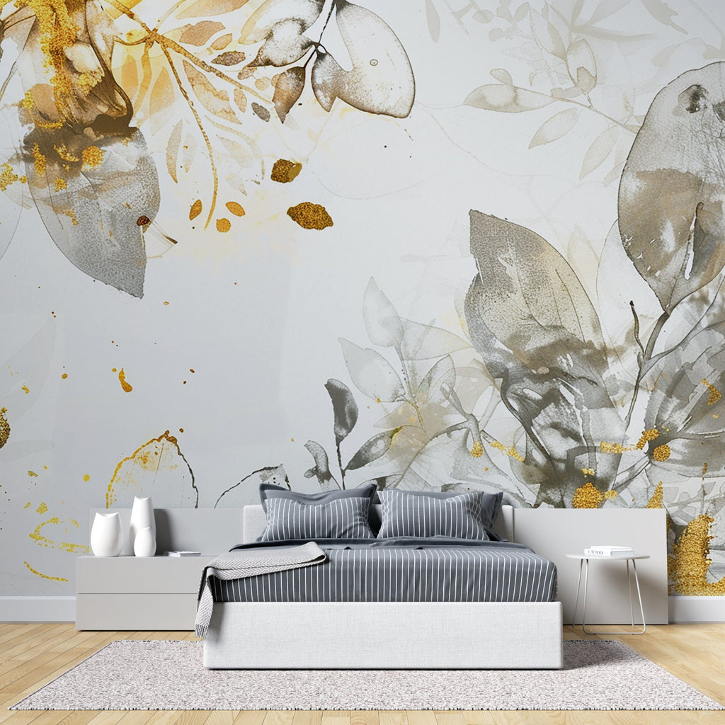 Botanical gold wallpaper mural styled in luxury master bedroom