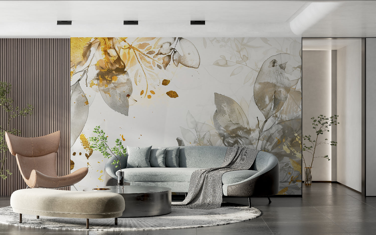 Grey and gold floral wallpaper creating elegant dining room atmosphere
