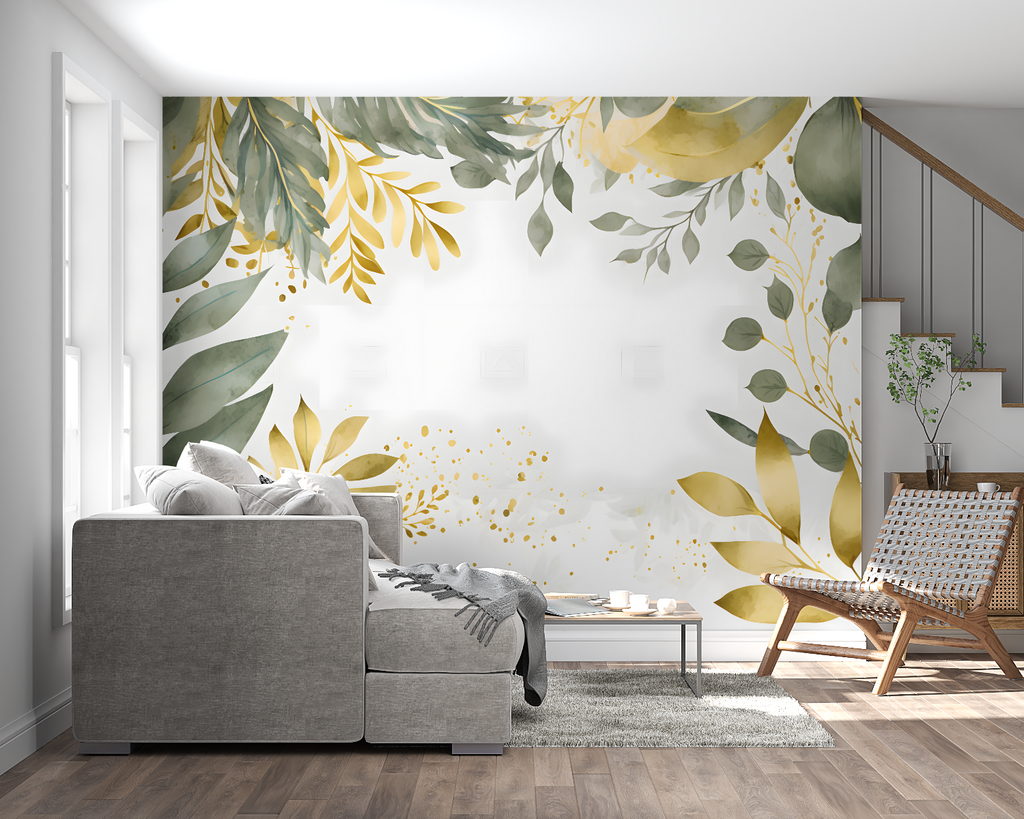 Gold and sage leaf pattern mural in bright dining room setting