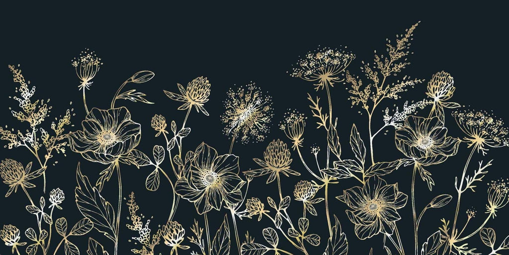 Gold line art floral design file showing detailed botanical pattern on navy background