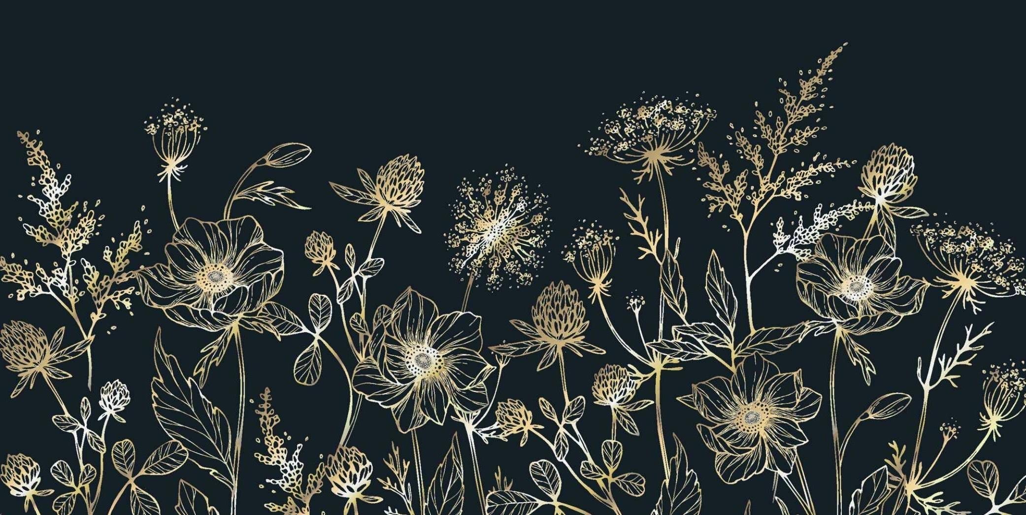 Gold line art floral design file showing detailed botanical pattern on navy background