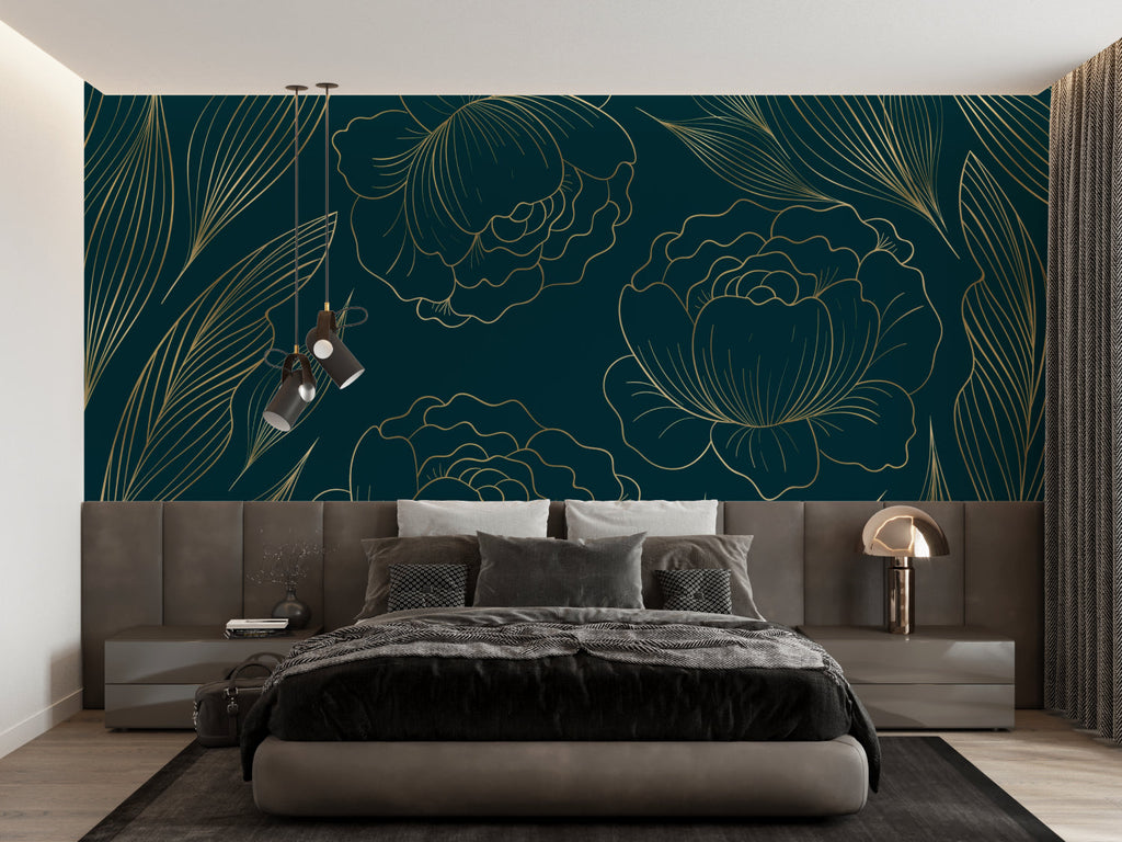 Line art wallpaper creating elegant atmosphere in powder room