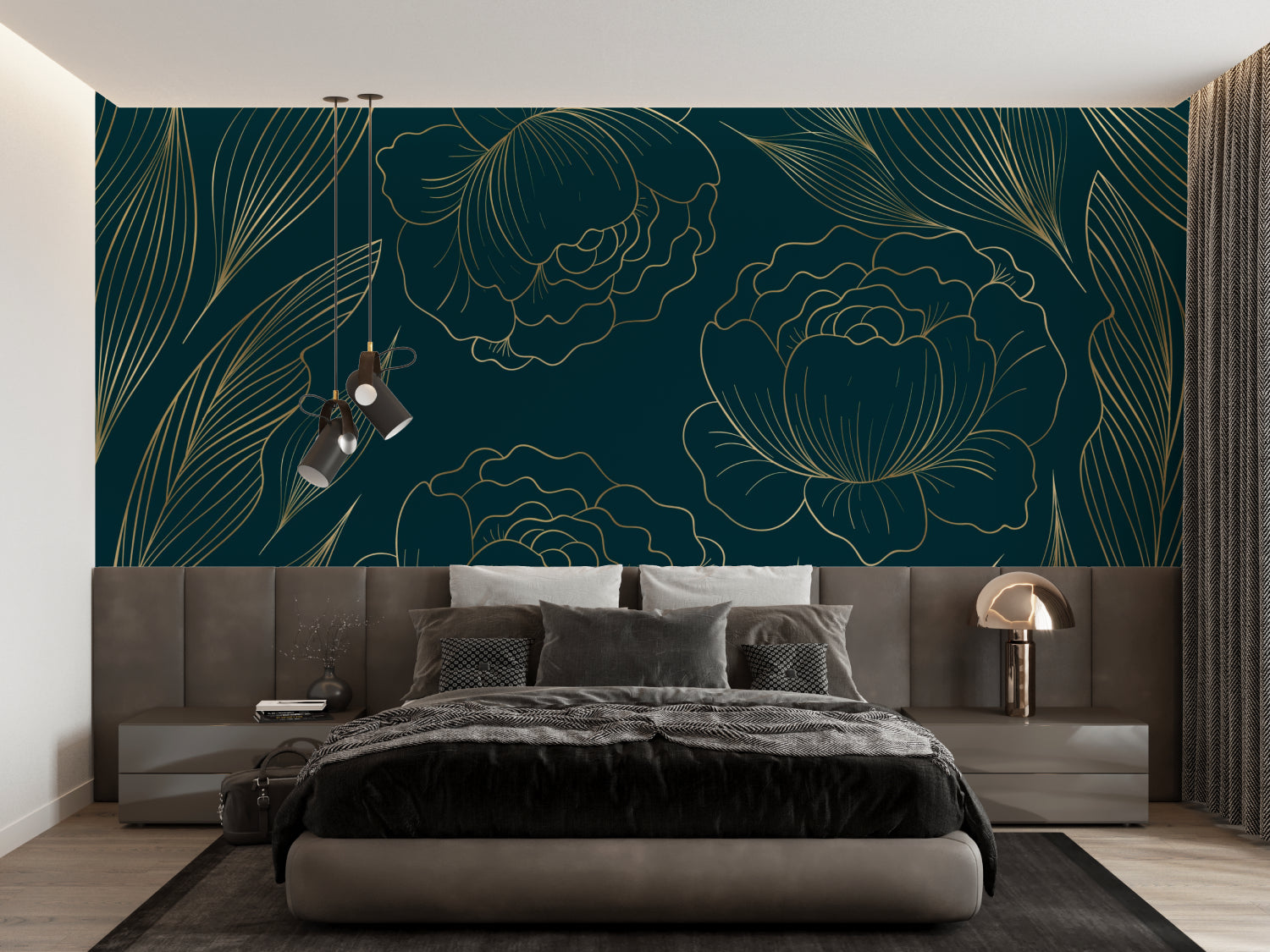 Line art wallpaper creating elegant atmosphere in powder room