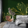 Gold tulip floral wallpaper in modern living room with green sofa and natural light