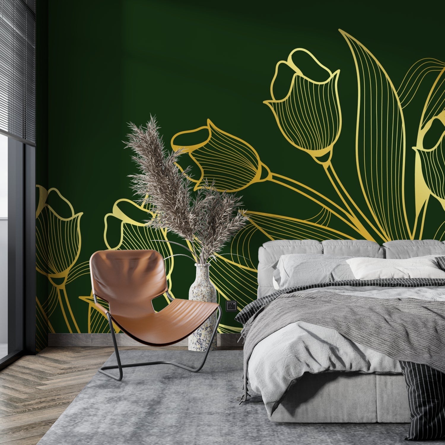 Gold tulip floral wallpaper in modern living room with green sofa and natural light