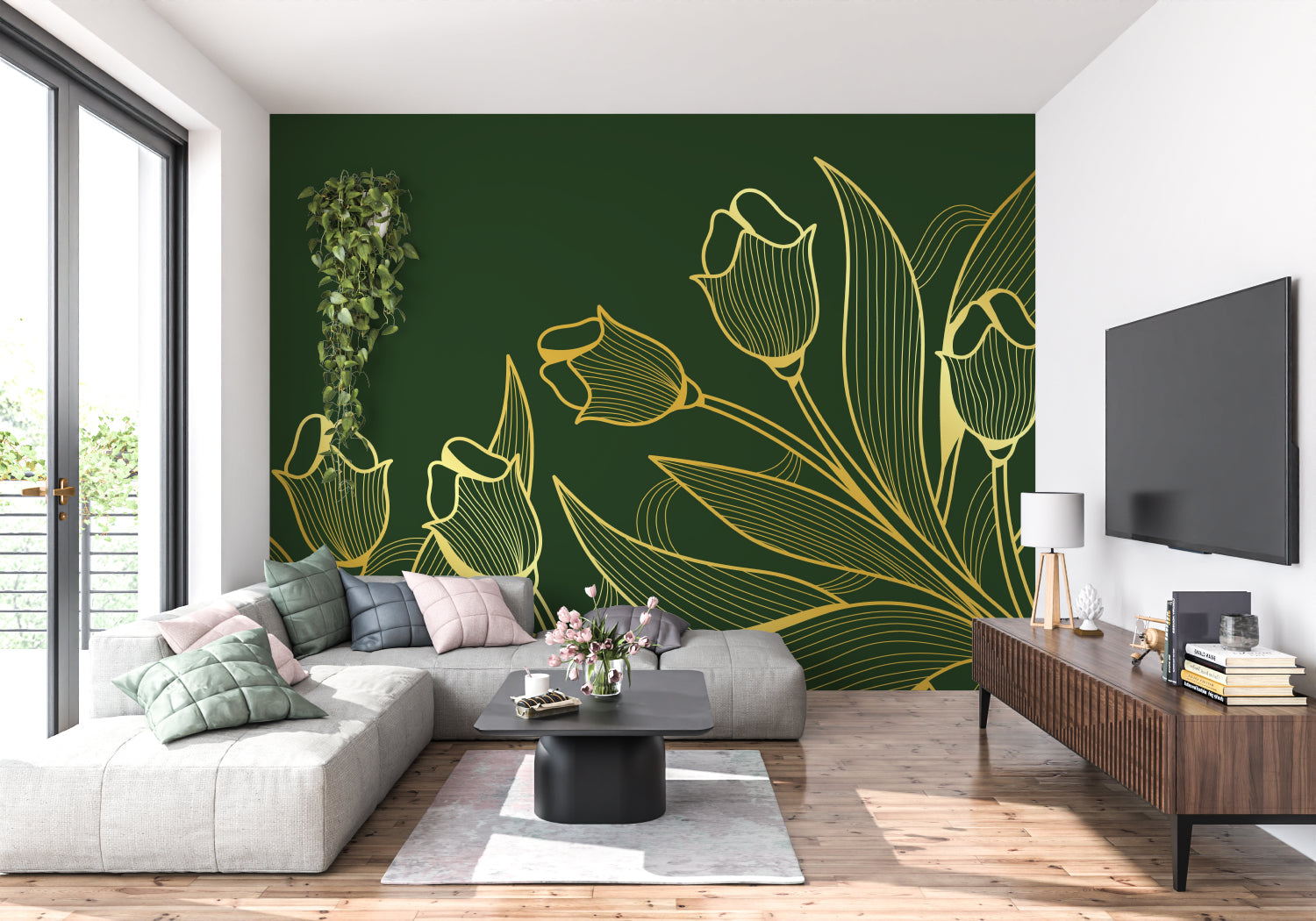 Botanical tulip wallpaper in master bedroom with white bedding