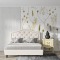Golden dried flower wallpaper in modern dining room with natural light