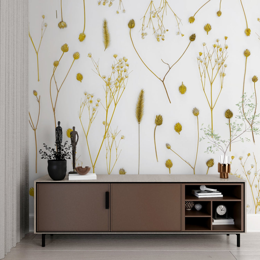 Golden botanical wallpaper in stylish living room setup