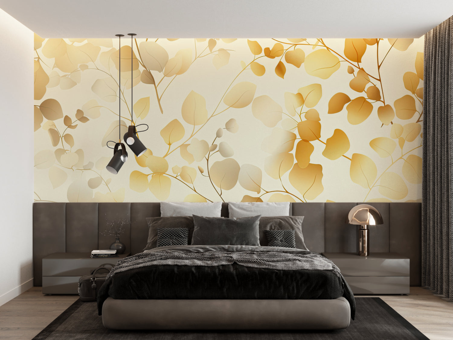 Botanical gold leaf wallpaper creating luxury feel in master bedroom