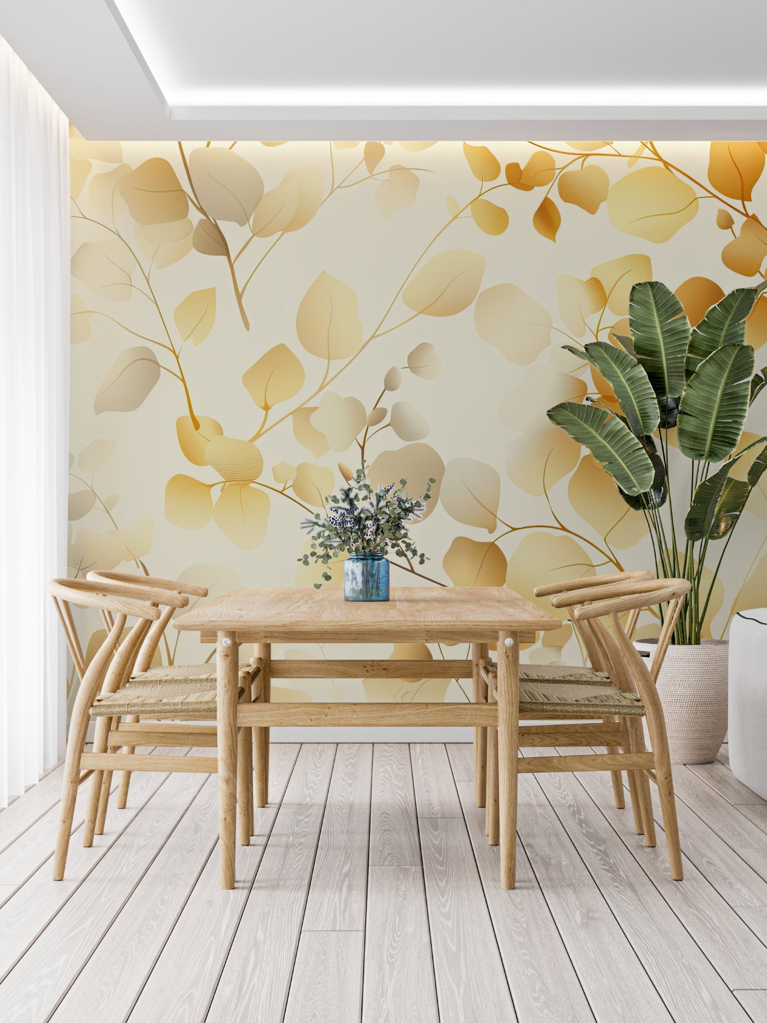 Metallic leaf pattern mural making statement in entrance hallway