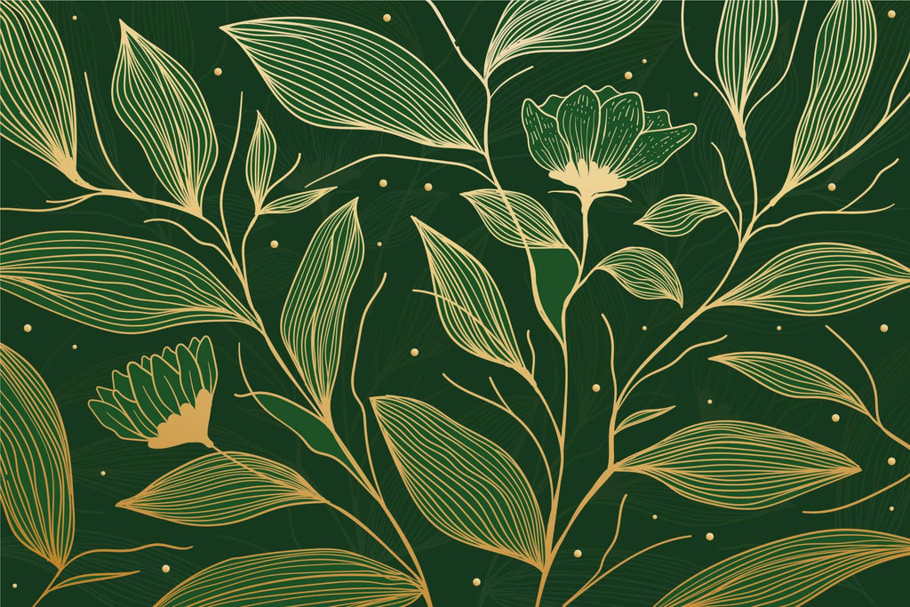 Botanical wallpaper design file showing intricate golden leaf pattern on emerald green background