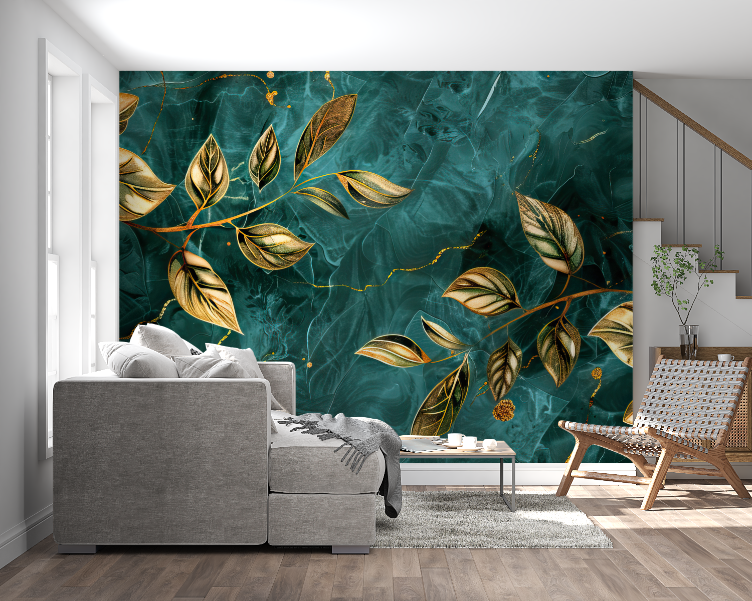 Golden leaf pattern enhancing modern entryway design