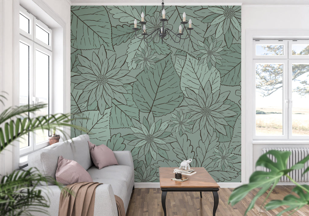 Botanical line art wallpaper creating a serene atmosphere in a modern living room with natural light