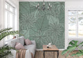 Botanical line art wallpaper creating a serene atmosphere in a modern living room with natural light