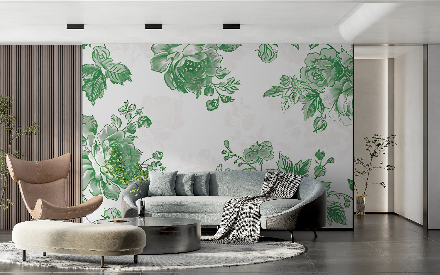 Green rose floral wallpaper in a bright modern living room setting with minimal furniture
