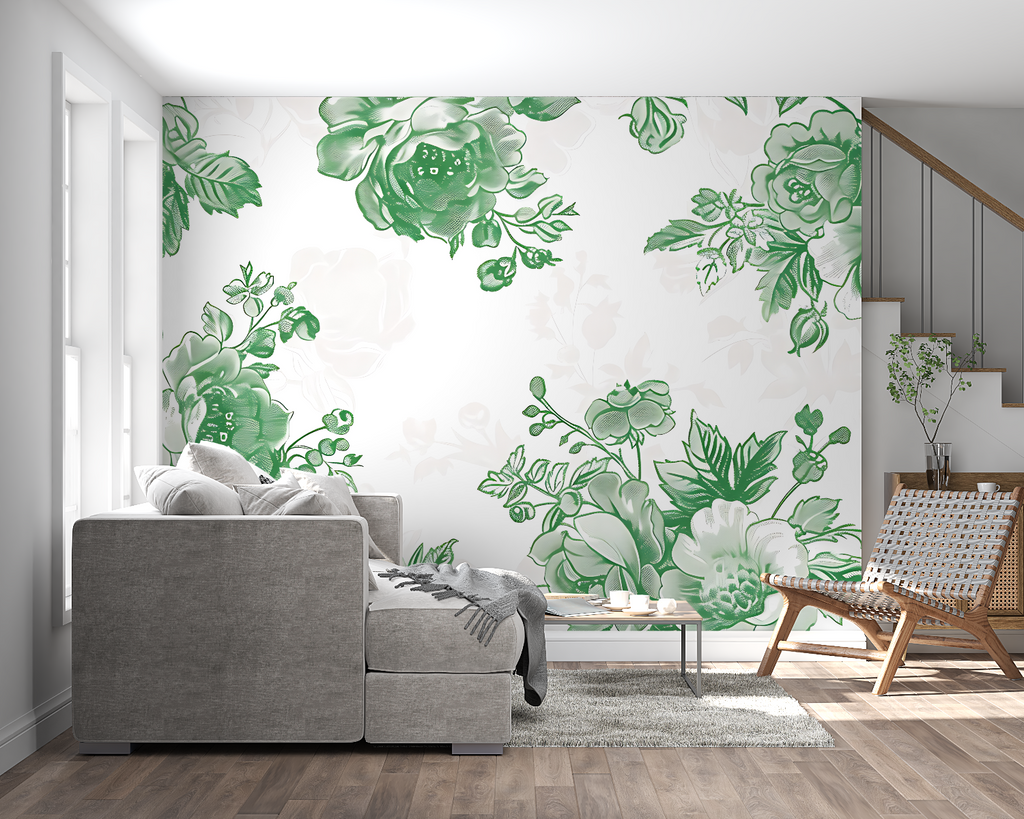 Master bedroom with green floral wallpaper creating a garden-like atmosphere