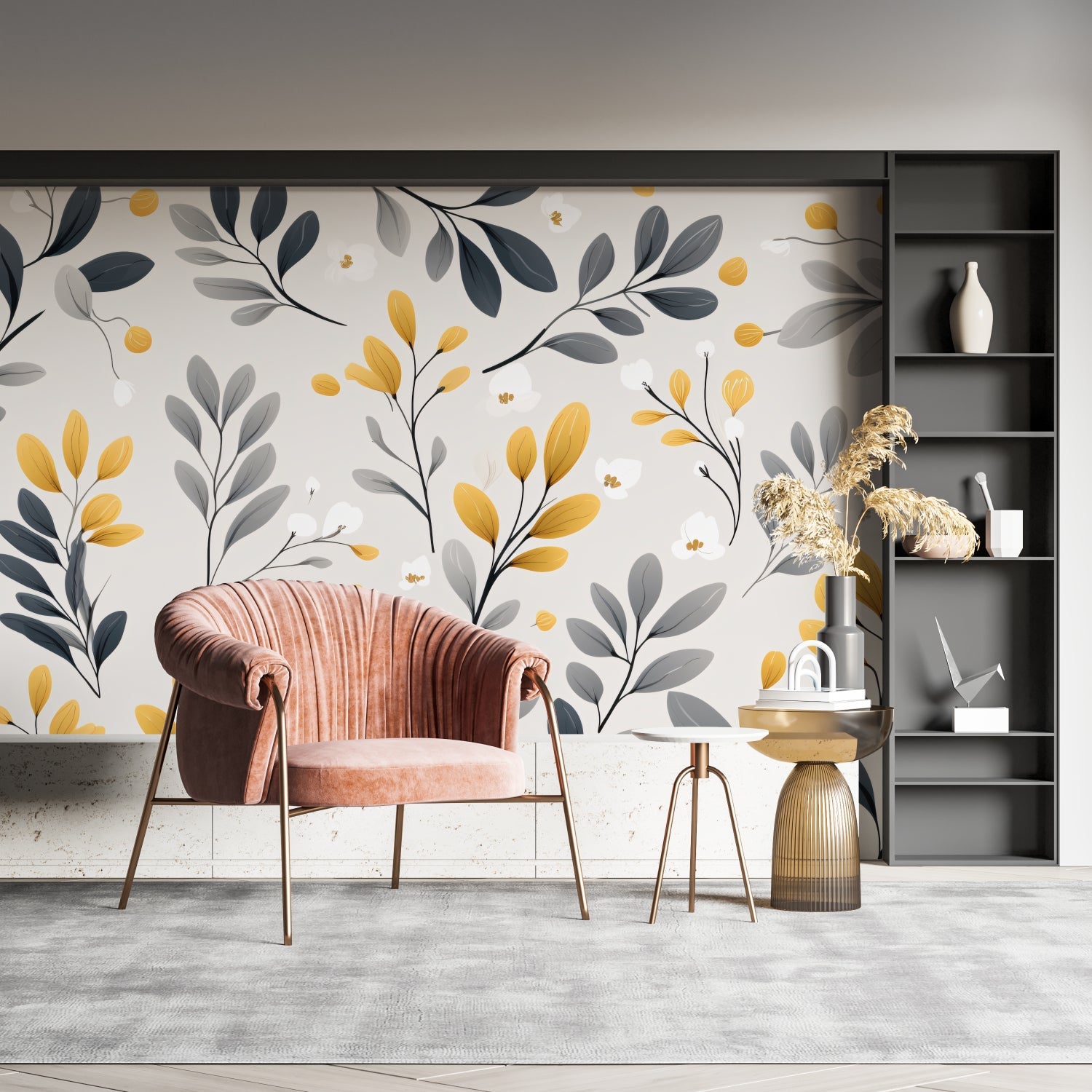 Modern botanical wallpaper featured in dining room with contemporary furniture
