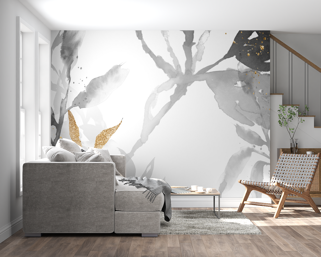 Home office space with modern grey and gold floral wall mural creating focal point