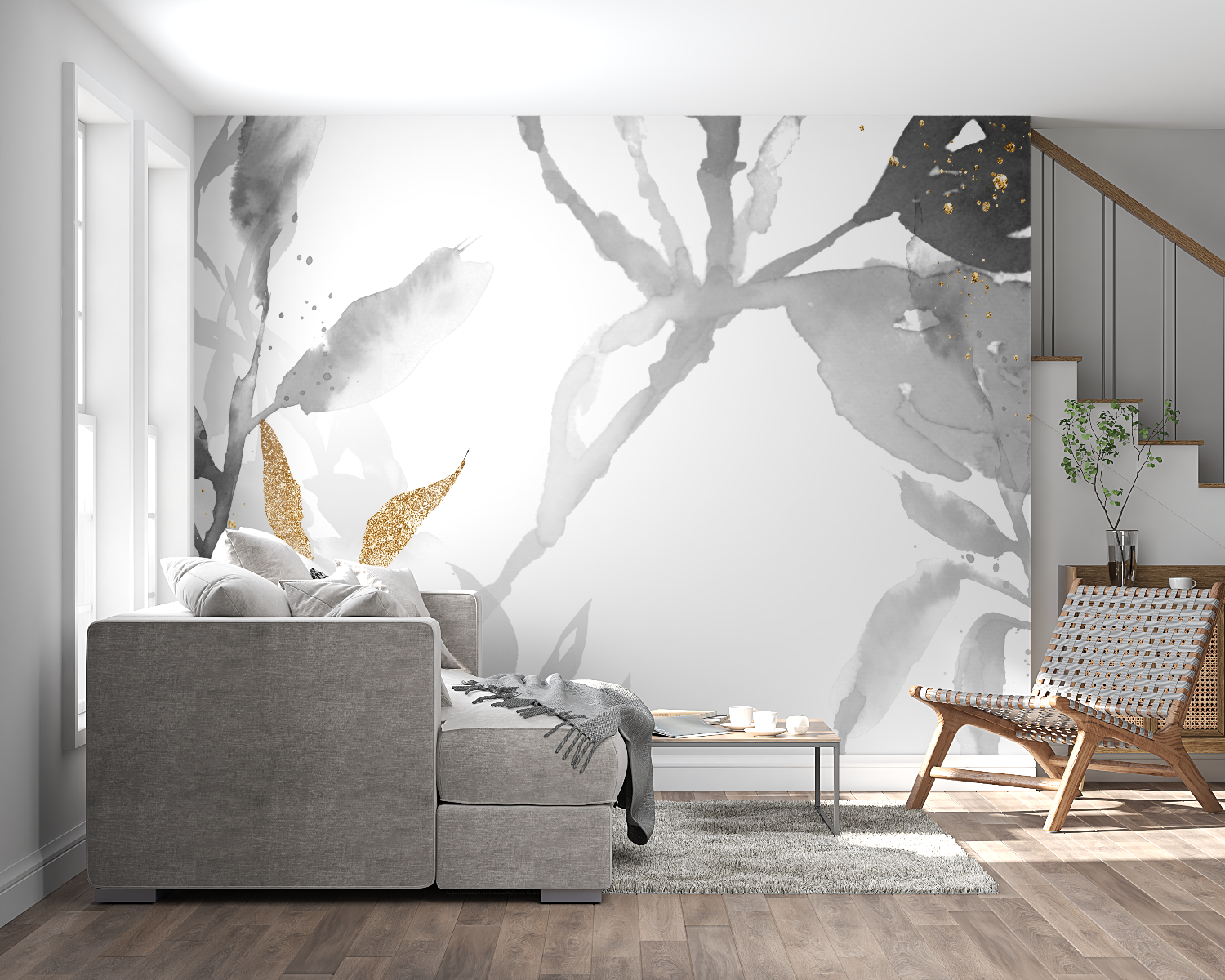 Home office space with modern grey and gold floral wall mural creating focal point